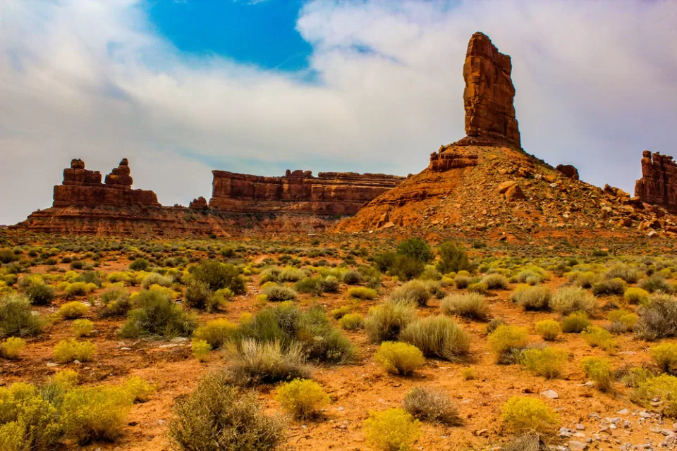 View of red rock spires and formations in Bears Ears National Monument, Utah